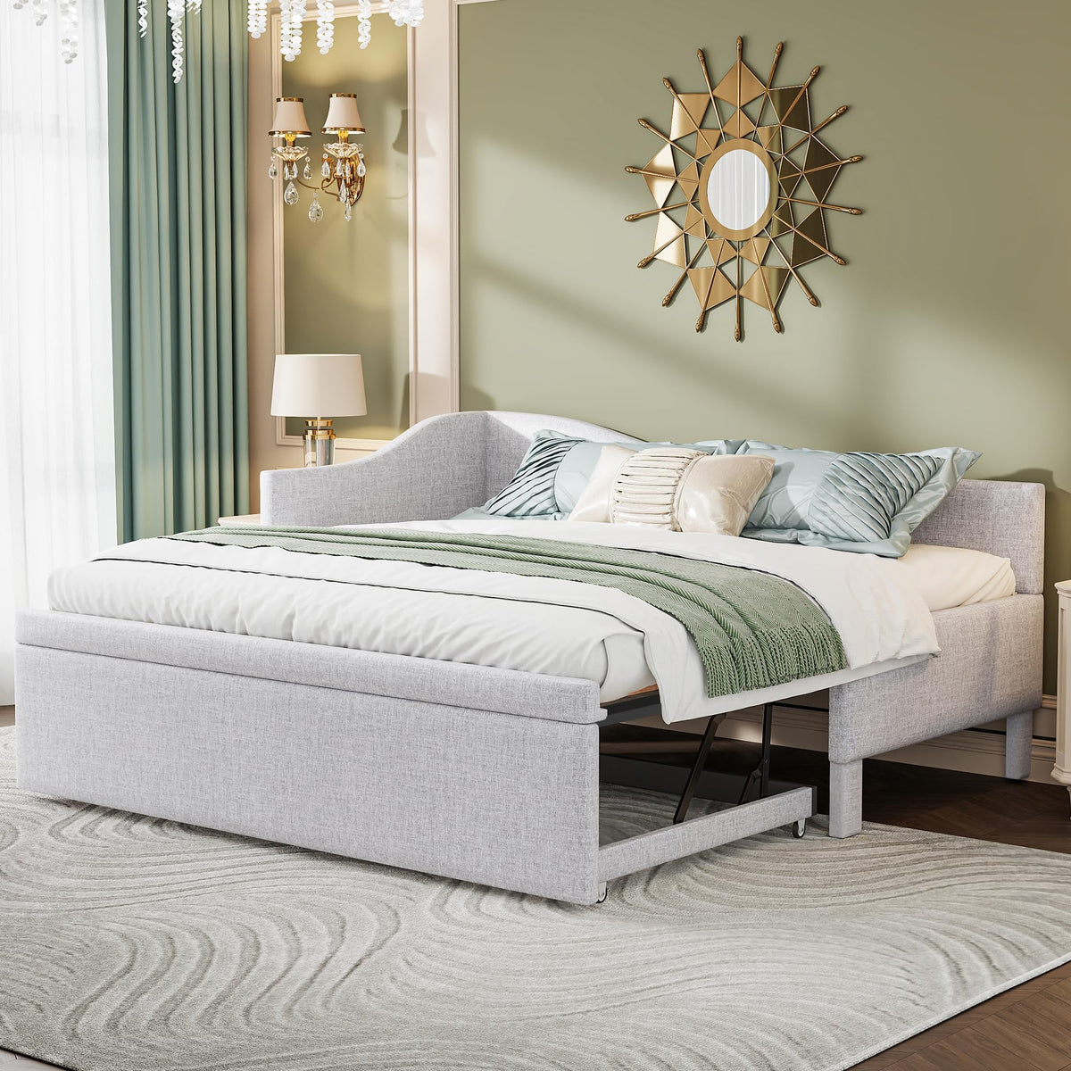 Beige Linen Upholstered Twin Size L-Shaped Daybed with Pop Up Trundle I61256