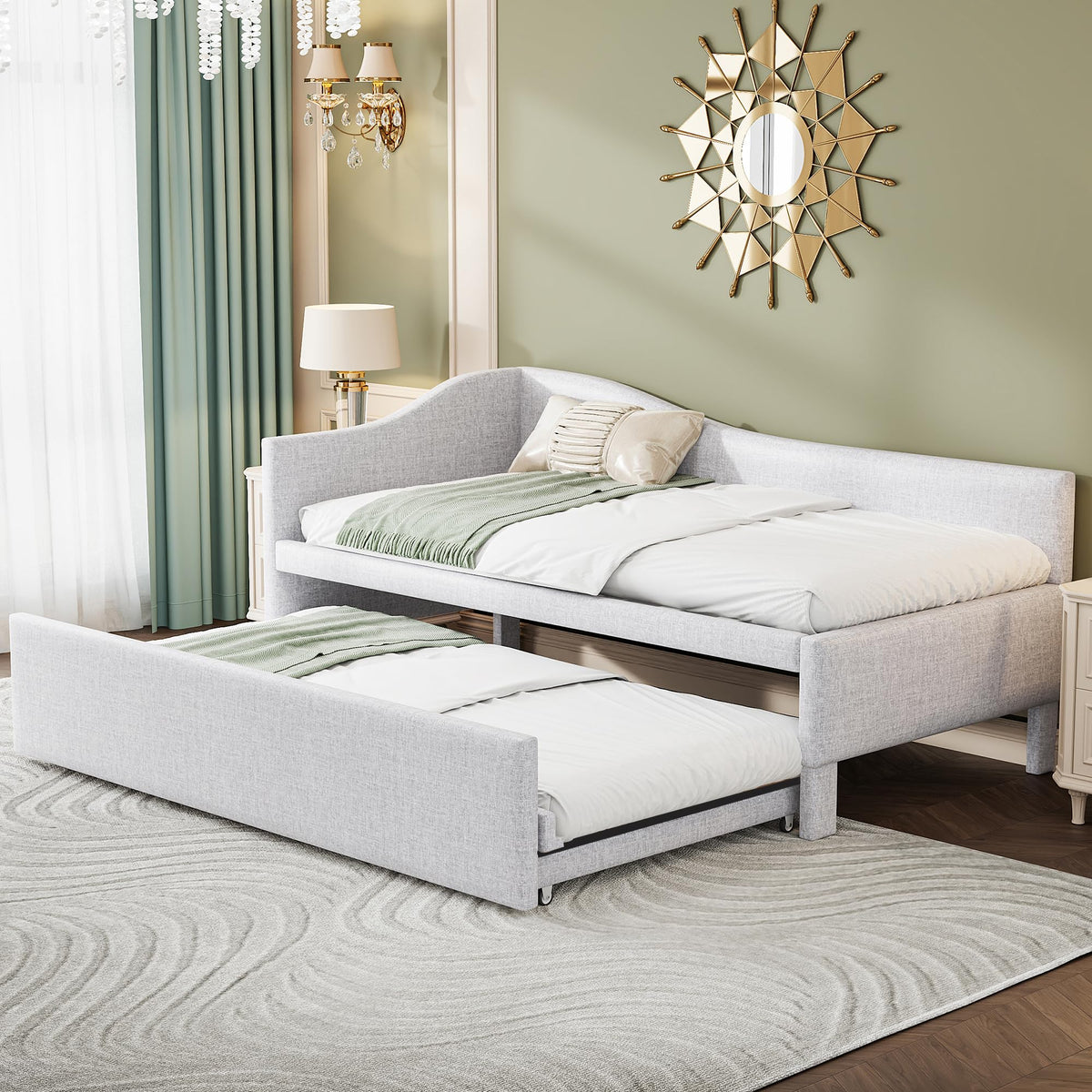 Beige Linen Upholstered Twin Size L-Shaped Daybed with Pop Up Trundle I61256